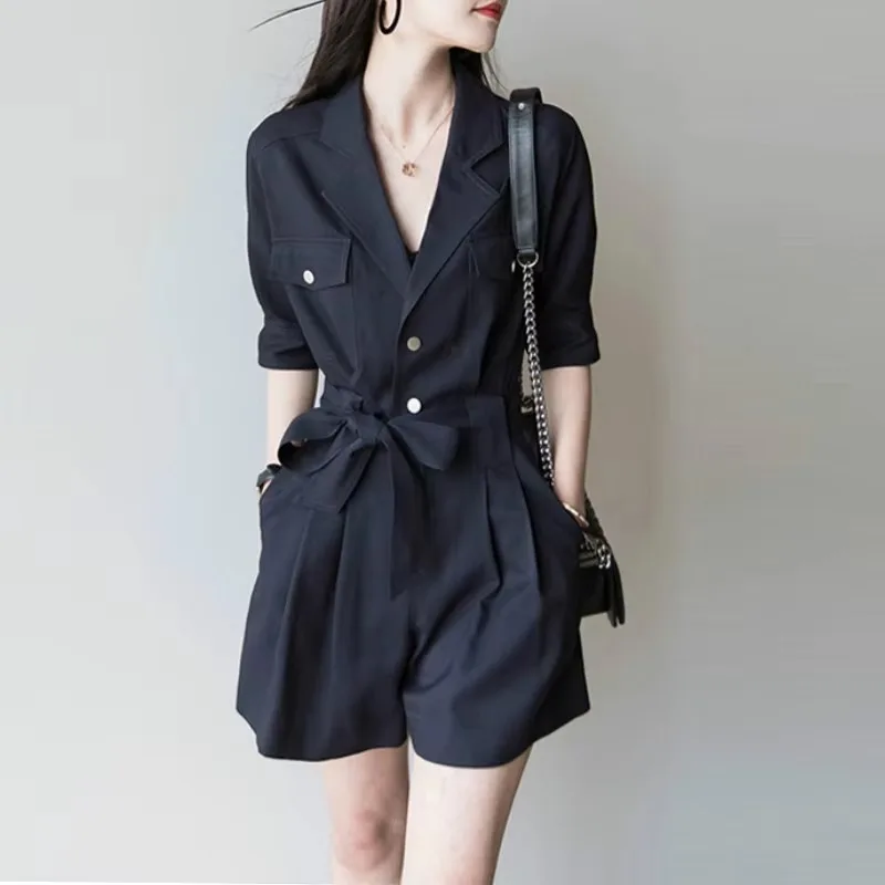 New Summer Women Casual Office Elegant Loose Short Wide Leg Jumpsuits Female Streetwear Solid Button Pocket Overalls Whit Belt