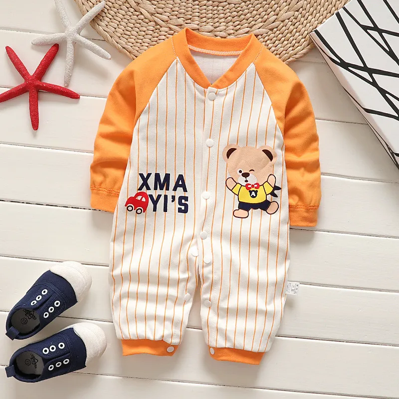 hibobi 100% Cotton Autumn Baby Cute Stripes Letter Bear Printed Crew Neck Long-Sleeved Long-Leg Romper Baby Outdoor Jumpsuit