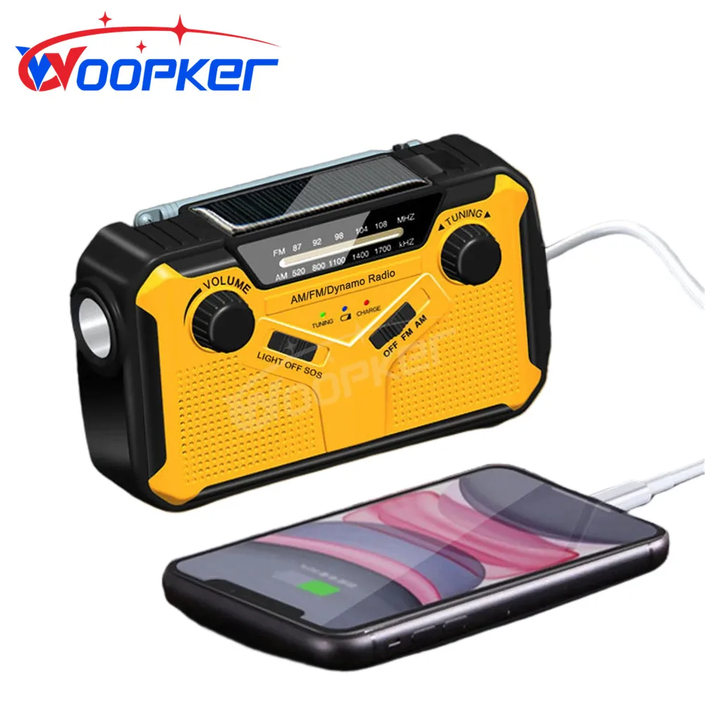 Woopker AM/FM Emergency Radio E09 Portable Radio Solar Powered Hand Batteries USB AA Flashlight Battery Lamp Emergency SOS Alarm