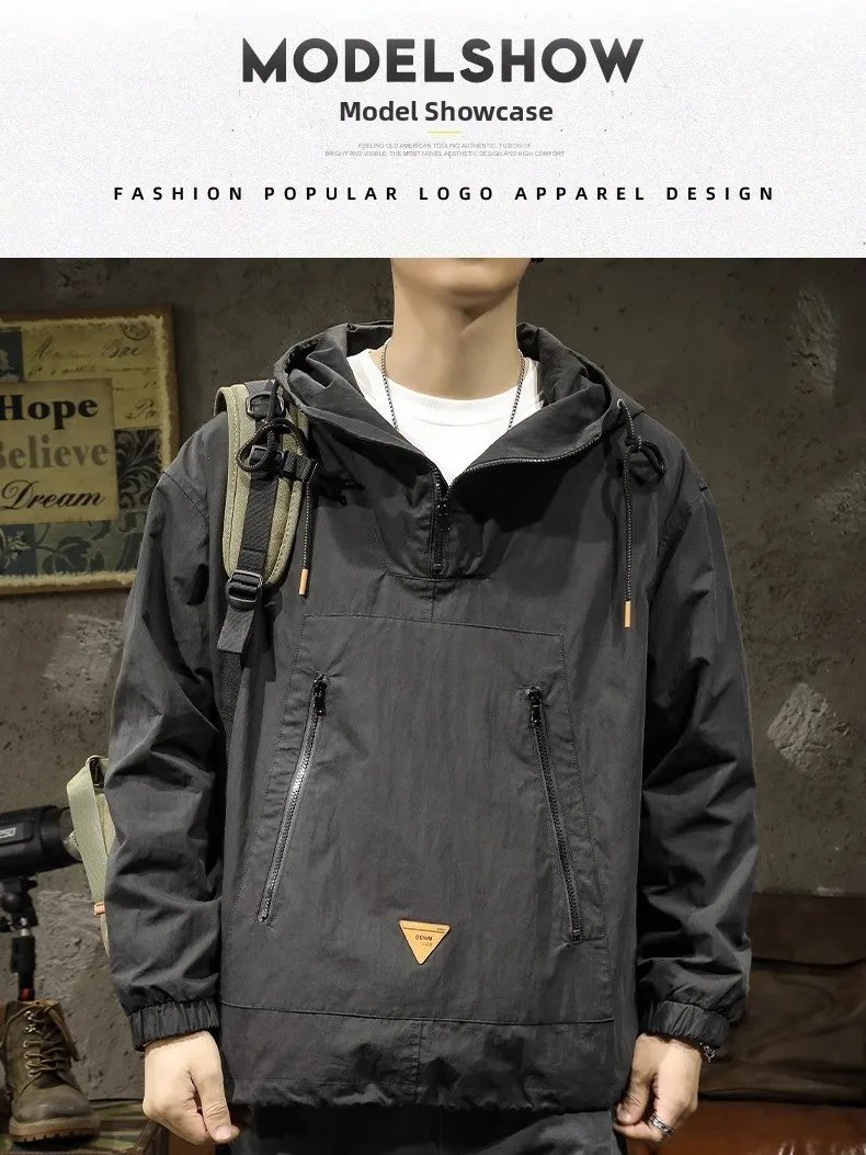 Large Size Outdoor Workwear Jacket Men's Autumn Winter Loose Casual Half Zipper Hooded Windbreaker Youth Popular Style