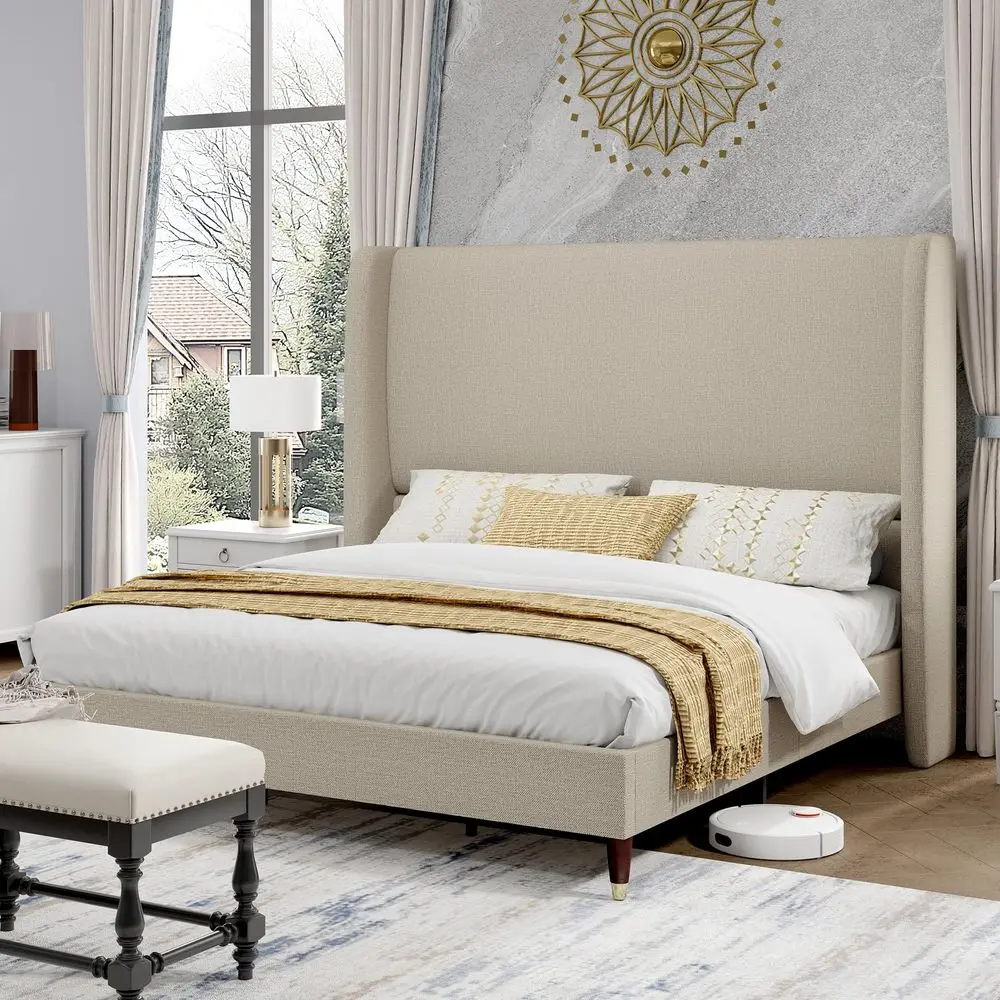 

King Size Bed Frame with 51.2 Wingback Headboard, Soft Linen holstered Platform Bed, Solid Wood Legs, No Box Spring Needed, S