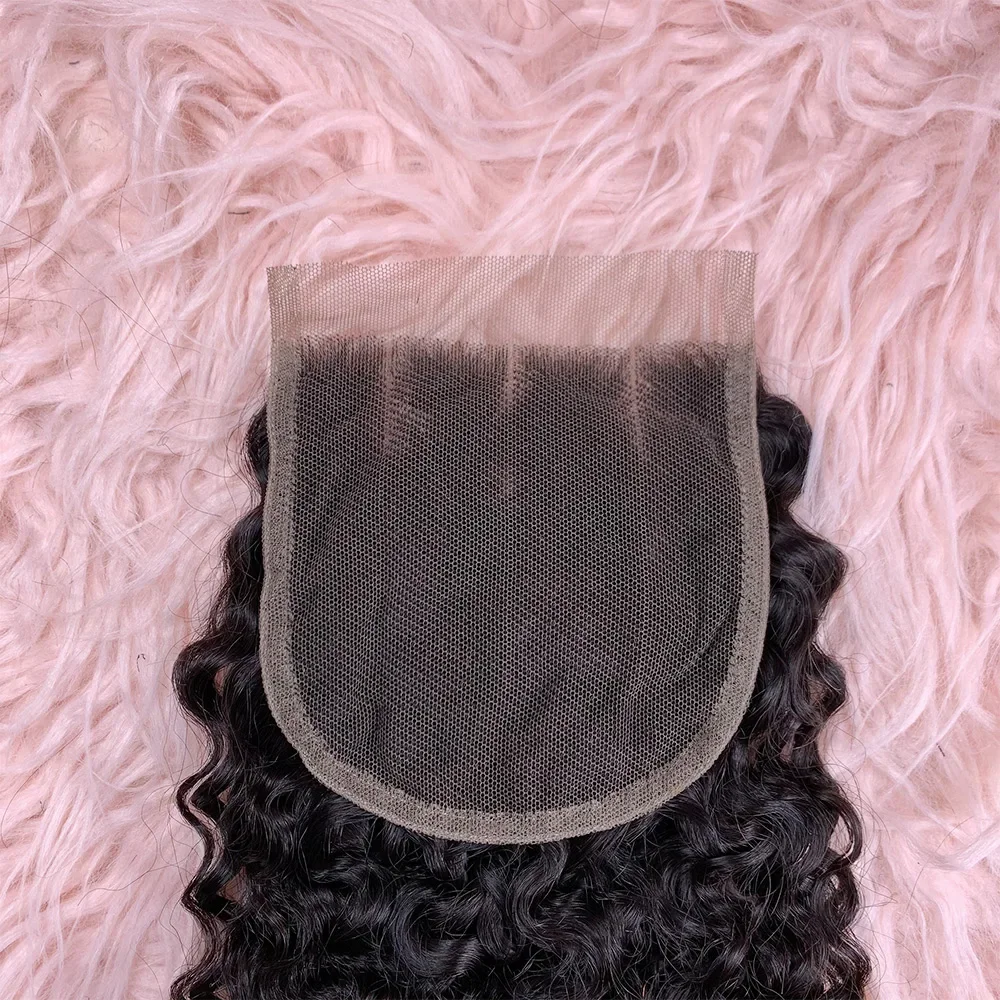 4x4 Lace Front Closure 100% Hand Tied LACE CLOSURE Nature Remy Pixie Curl Human Hair Transparent Lace Closure Only Three Parts