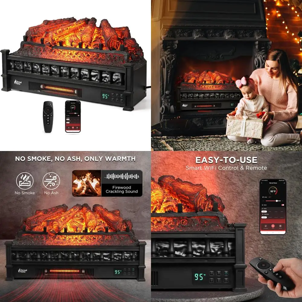 

WiFi Infrared Quartz Fireplace with Realistic Logs, 26 Inches, Heat and Crackling Sound