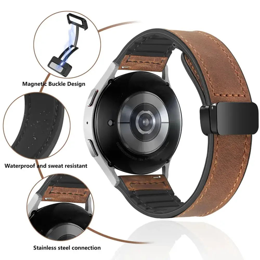 Leather Silicone Strap For Samsung Galaxy Watch Band 7 6 5 4 40mm/44mm Magnetic Bracelet for Watch 6 Classic 43mm 47mm 20mm 22mm