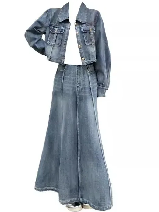 

Retro Hong Kong Sle Women's Denim Jaet And Skirt Set ort Coat Large Hemline High Waist Spring Autumn Faion Outfit