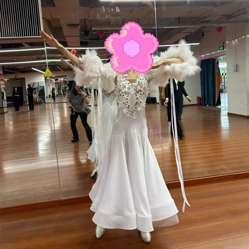 

Customized Ballroom Dance Competition Dresses For Women White Lace Big Swing Skirts Waltz Modern Dance Performance Wear Costume