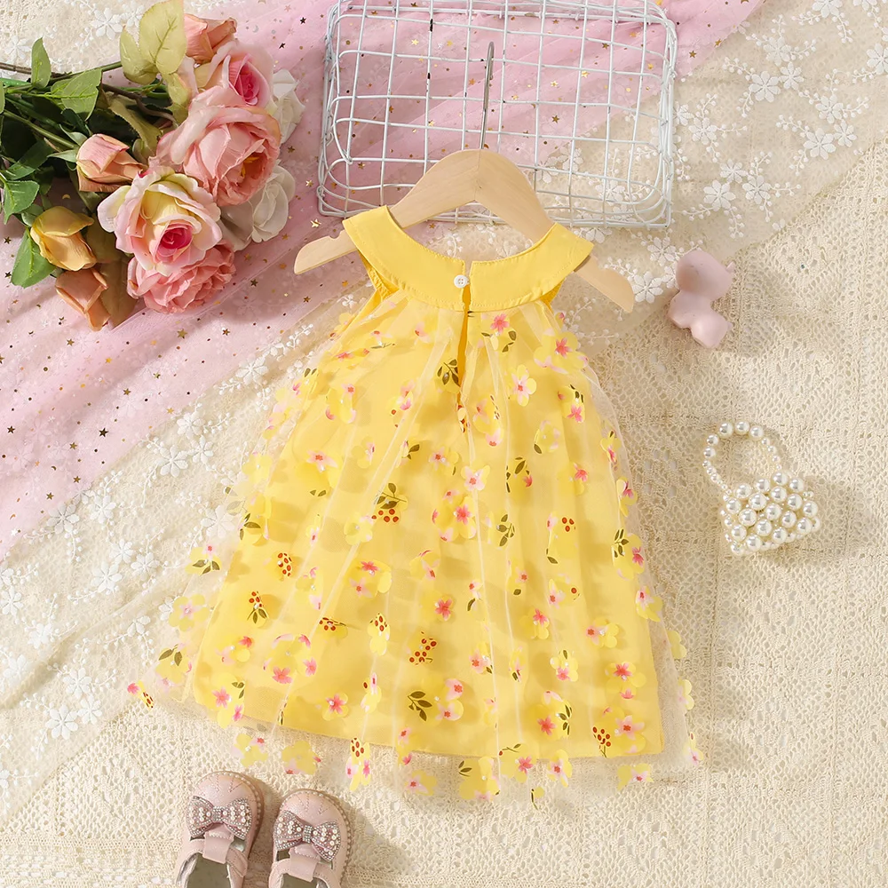 Summer New Girls Full Body Flower Sleeveless Mesh Skirt Baby Girl\'s Personalized Collar Bow Dress Suitable For Ages 0 To 3