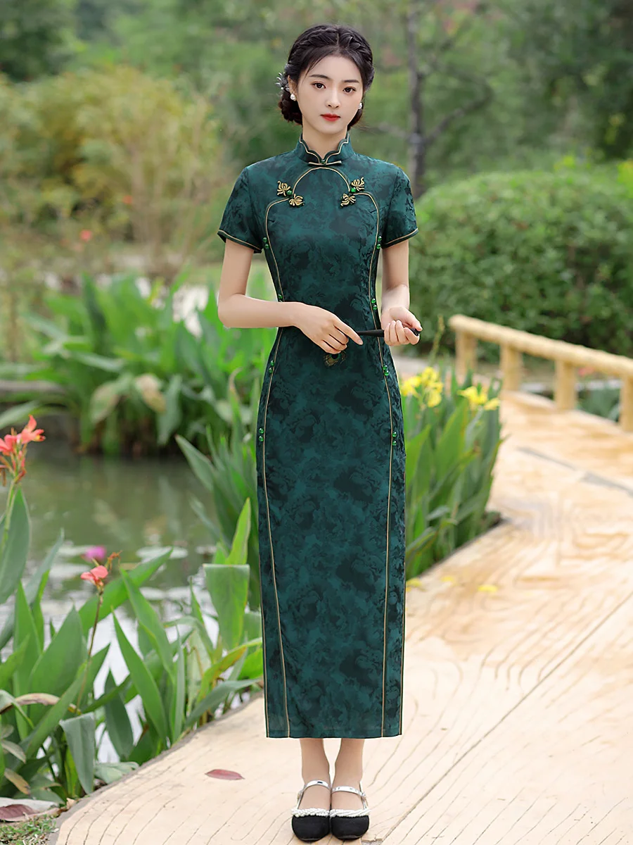 Sheng Coco Chinese Navy Green Silk Qipao Cheongsam Dresses Women New Cheongsam Double Layer Long Fashion Modern Chipao