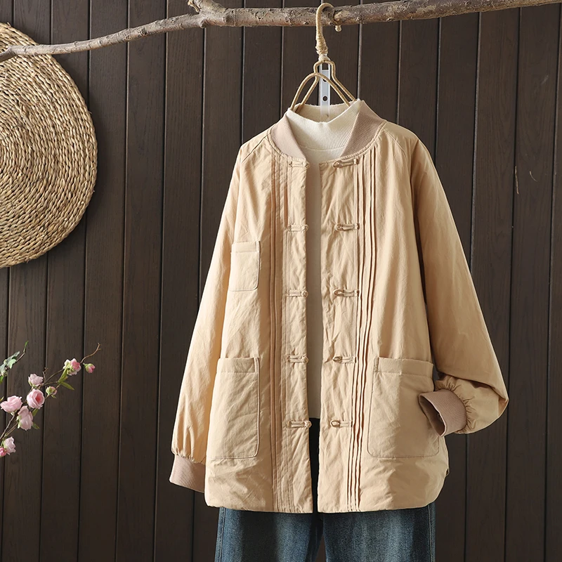 

Короткая хлопковая куртка для молодых женщин в китайском стиле на пуговицах, осенне-зимняя модная простая однотонная куртка с воротником-стойкой и длинными рукавами