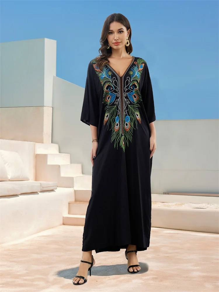 Plus Size czarny Kaftan z pawich piór haftowana sukienka plażowa z długim rękawem 2024 letnie kobiety seksowny strój kąpielowy zakrywają tunikę Q1673