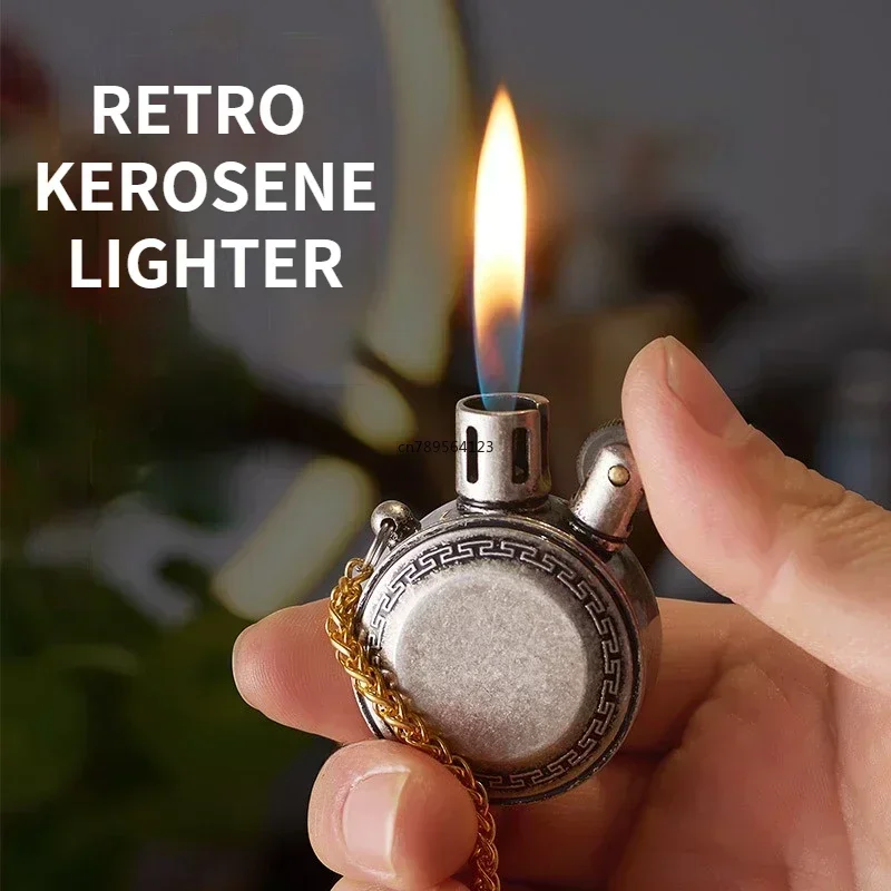 2024 Classic Vintage Pocket Watch Kerosene Lighter Mini Portable Gasoline Lighter Oil Round Metal Unusual Collection Men's Gift