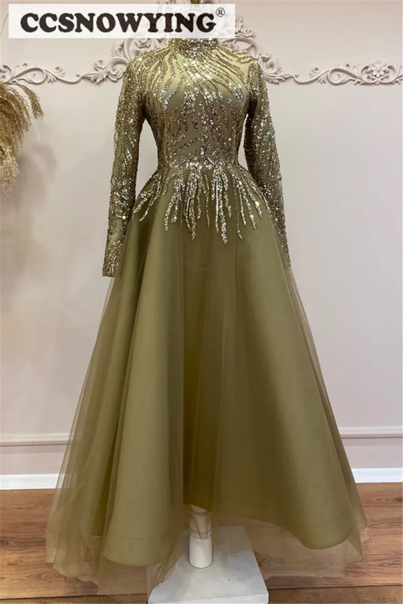 Luxury Beaded Muslim Evening Dress Long Sleeve Prom Dress High Neck Islamic Arabia Dubai Formal Party Gown Hijab Robe De Soiree