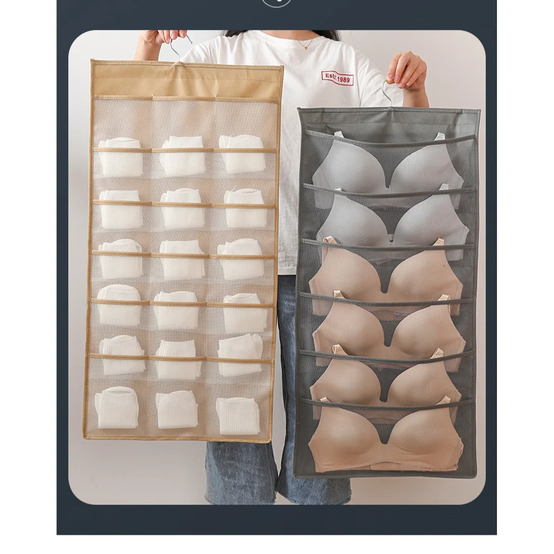 

2pc 2-sided Hanging Storage Bag Underwear Socks Bras Home Use Wardrobe Hanging Bag Pink Grey Beige Modern Simple Style