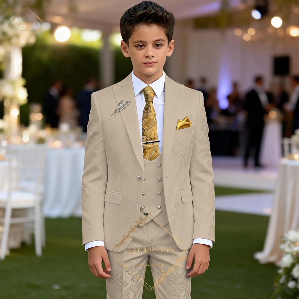 

Жаккардовый костюм из трех предметов с пиковыми лацканами для мальчиков, пиджак, жилет, брюки, официальный наряд премиум-класса для выдающихся особых торжеств