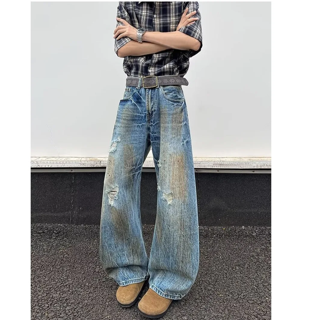 

Мужские джинсы Waed Ripped Cra: свободные прямые брюки в американском уличном стиле, трендовый бренд с оригинальным дизайном