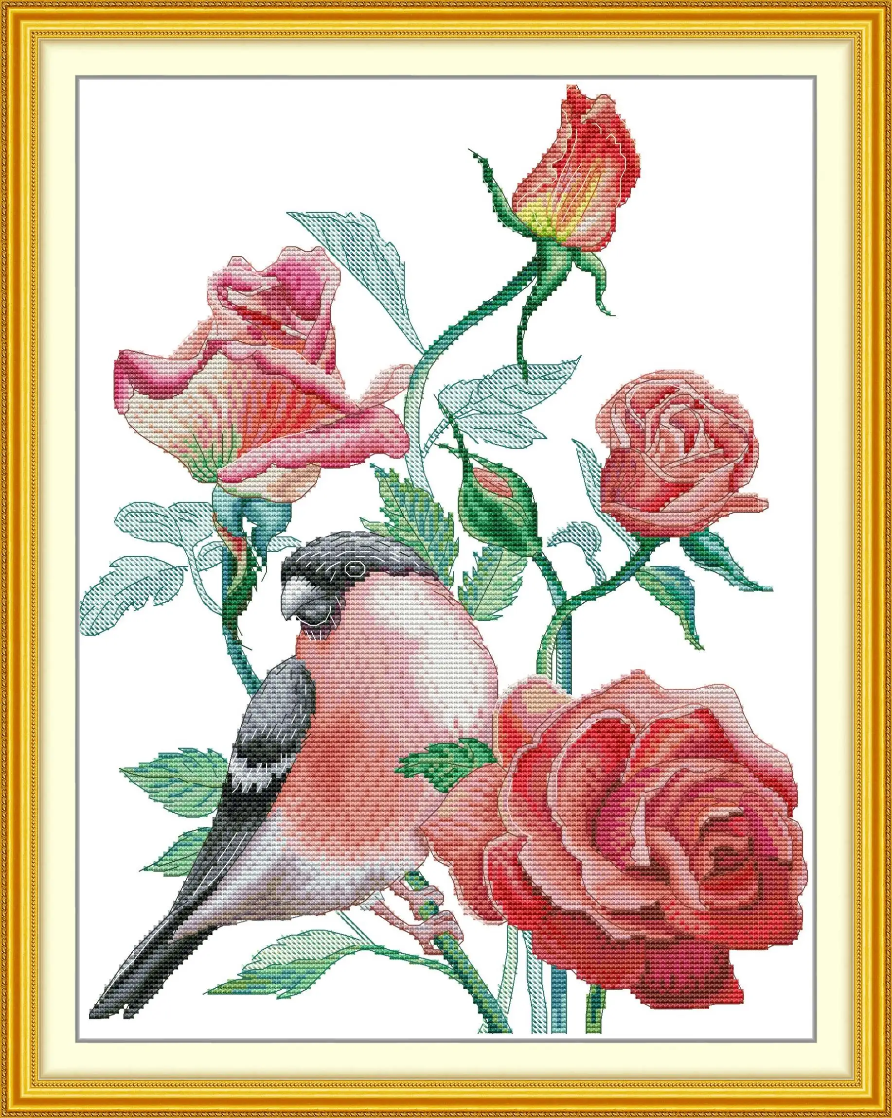 

Maydear Full Cross Stitch Kit, 11CT/14CT/16CT/9CT Aida Fabric,DMC Threads Sewing Pattern Embroidery Set-Birds and Roses