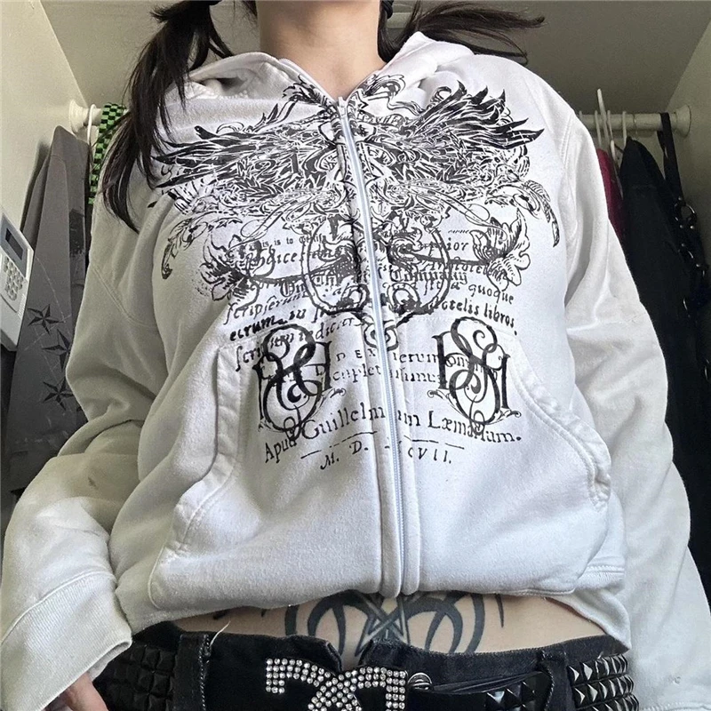 Lamuusaa Gothic Sweatshirt Women y2k Clothes Graphic Print Zip Up Long Sleeve Tops with Pockets Fairy Grunge Hoodie Streetwear