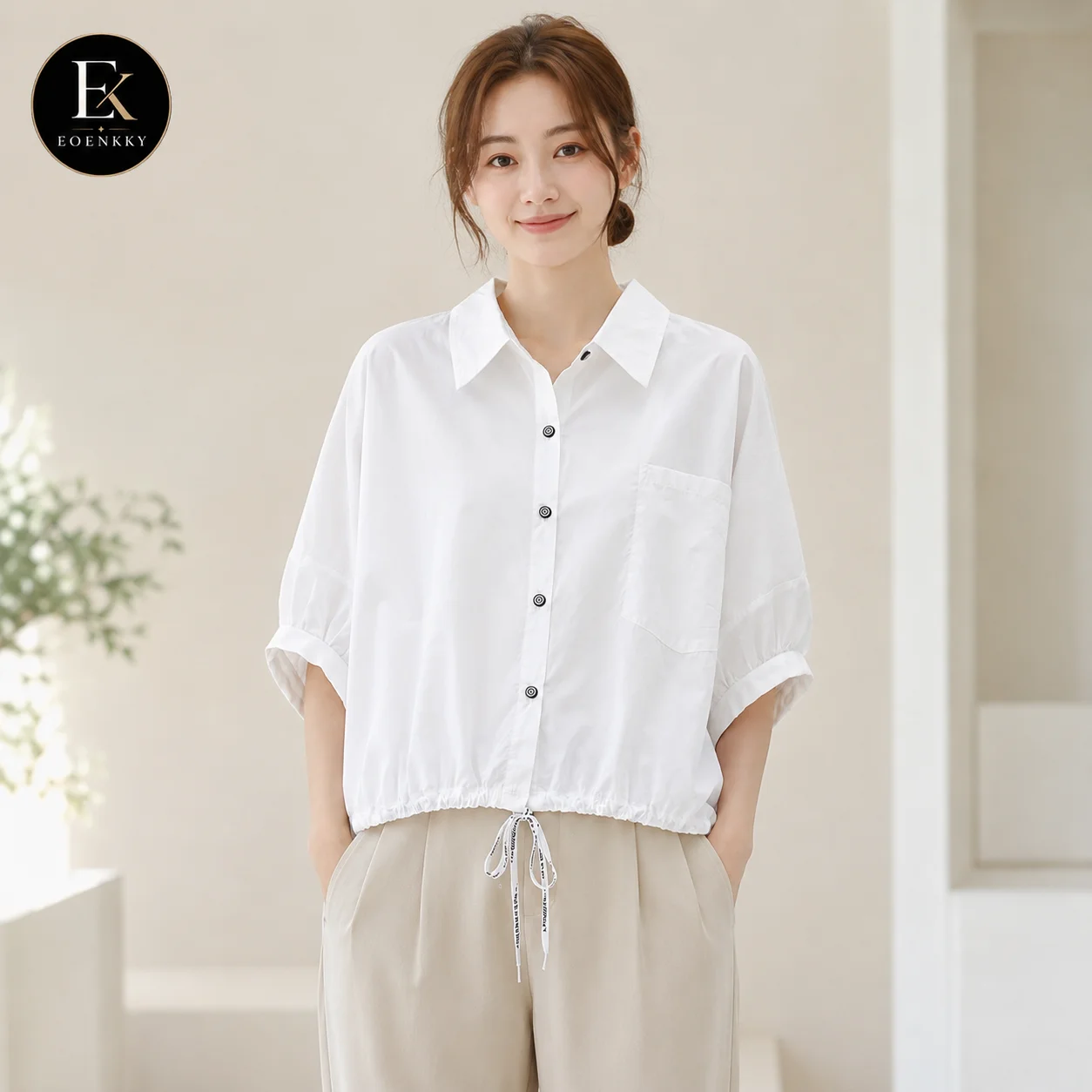 EOENKKY Women’s Oversized Button Down Shirt Batwing Sleeve Drawstring Hem Collared Casual Blouse High Low Top