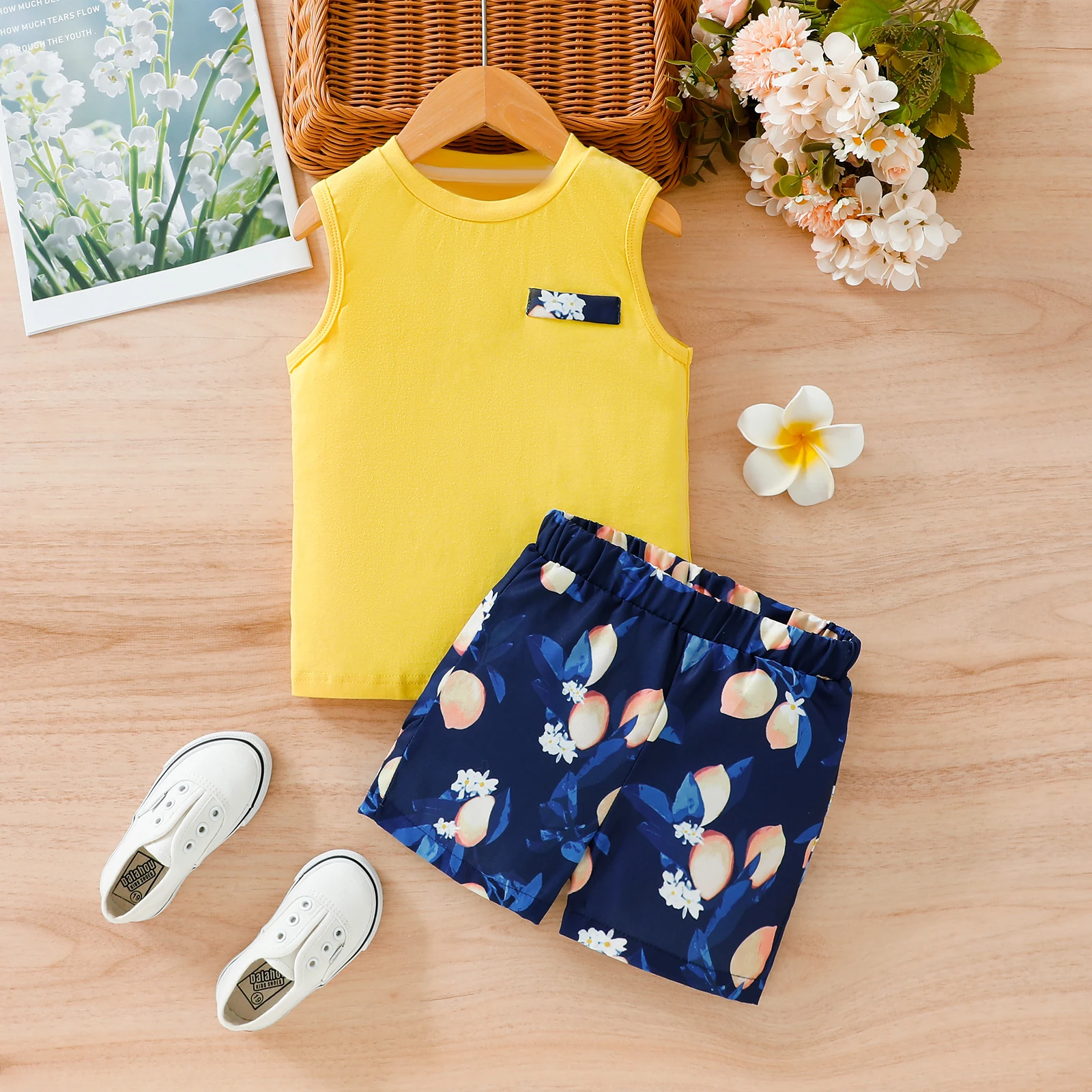 Summer Boys' Energy Set Bright Yellow Sleeveless Vest + Dark Blue Watermelon Print Shorts Two-Piece Set for Active Kids