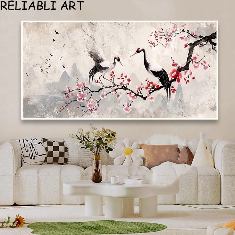 Chinese Style Plum Blossom Crane Landscape Poster and Prints Canvas Painting Wall Art for Living Room Home Decor No Frame