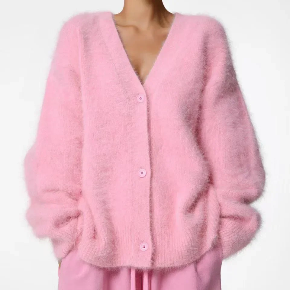 Women's Fuzzy Knitted Cardigan Button Down V Neck Oversized Cardigan Slouchy Furry Sweater Coat Outwear Classy Cozy Sweater Y2k