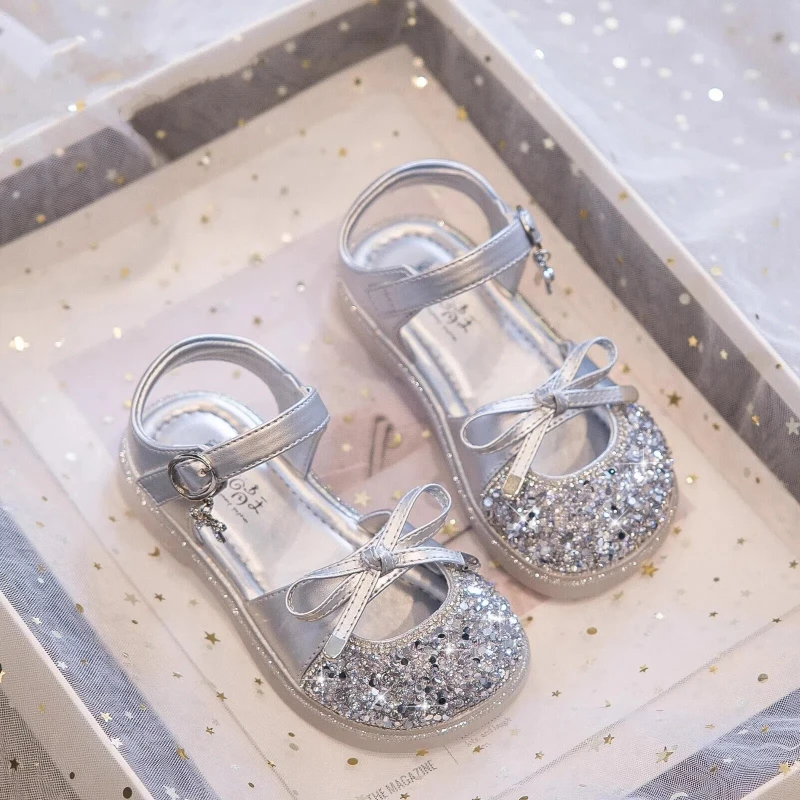 

Spring Girl's Princess Shoes Bowknot Bling Pendent Cute Kid's Flat Shoe Beige Silver Charming Exquisite Chic Children Shoes