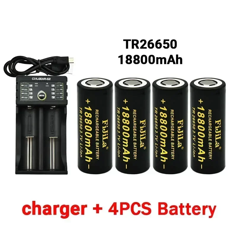 26650 3.7V 18800mAh Battery High Capacity 26650 50A Power Battery Lithium Ion Rechargeable Battery for Toy Flashlight+charger