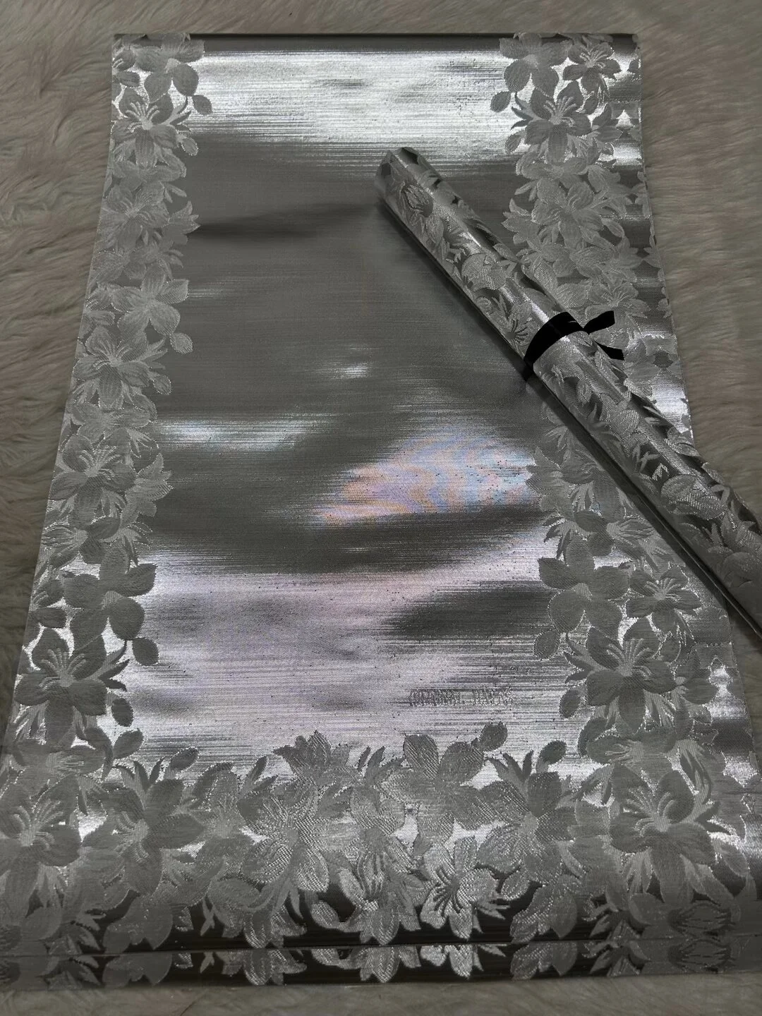 Metallic Silver Jacquard Sego Headtie, African Head Wrap Fabric with Border Floral Pattern for Wedding & Party