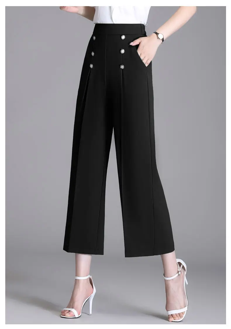 Double-breasted Cotton Linen Wide Leg Pants Women Casual High Waist Ankle-length Pantalones New Fashion Baggy Straight Trousers