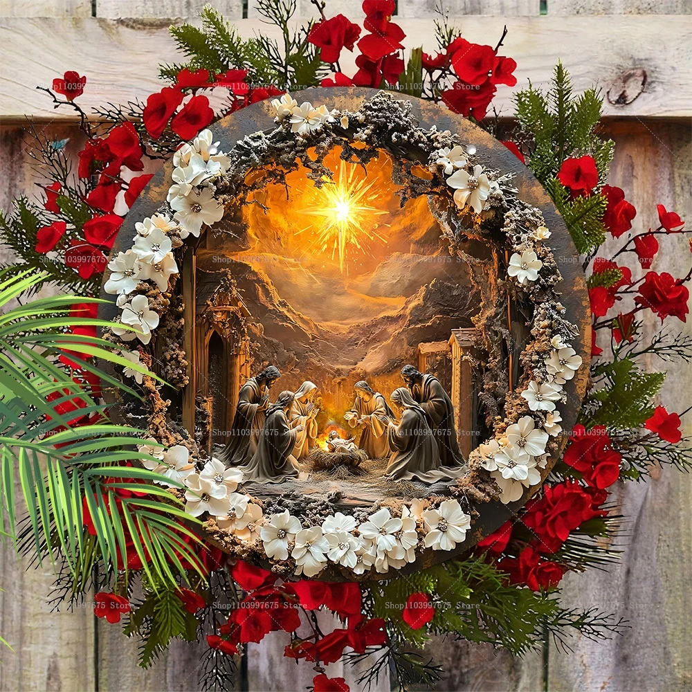 Nativity Scene Wooden Sign Guard Jesus Christmas Wreath Round Sign for Church Door Wall Hanging Decor Ideal Gift for Christian
