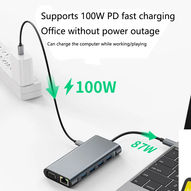 11 in 1 USB C ฮับแยกประเภท C เป็น4K ธันเดอร์โบลท์3 Docking สเตชันแล็ปท็อป PD 87W HDMI-compat Splitter สำหรับ MacBook Pro