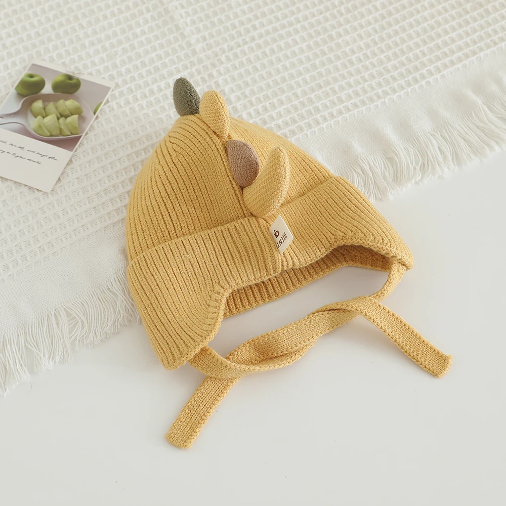 Nueva moda, gorro tejido con forma de dinosaurio de dibujos animados para bebé, gorro cálido para exteriores para otoño e invierno para niños y niñas, gorro con protección para los oídos para niños