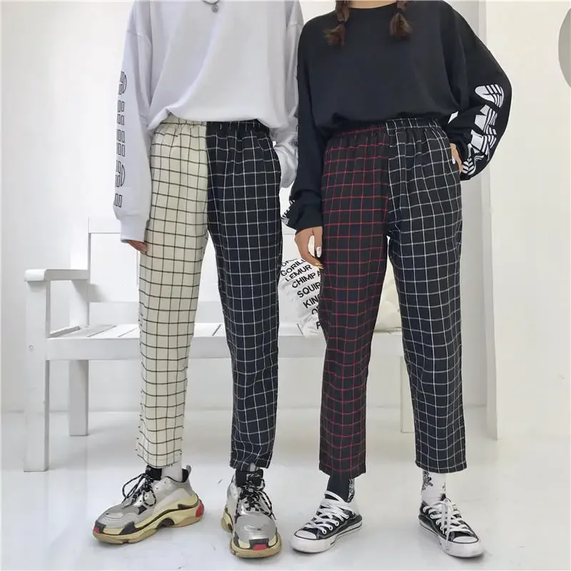 

Women Elastics High Waist Korean Causal Straight Pants Fashion Vintage Plaid Patchwork Pant Harajuku Woman Trousers Streetwear