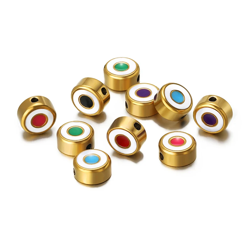 5pcs Stainless Steel Carved Round Enamel Beads Gold Color Bracelets Charms Spacers Necklaces Pendants DIY Jewelry Findings