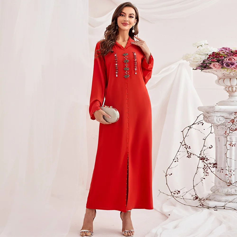 Abaya Muslim Maxi Long Sleeve Dress With Cap Women Diamond Arab Dubai Islamic Clothing Autumn New Loose Casual Turkey Robe