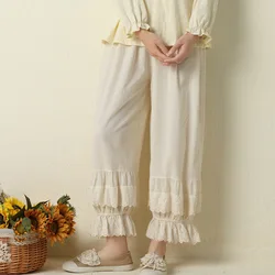 Women Cottagecore Pant Vintage Cotton Ruffled Lace Hem Wide Leg White Dress Pant Chic Victorian Rococo Layered Cropped Pants