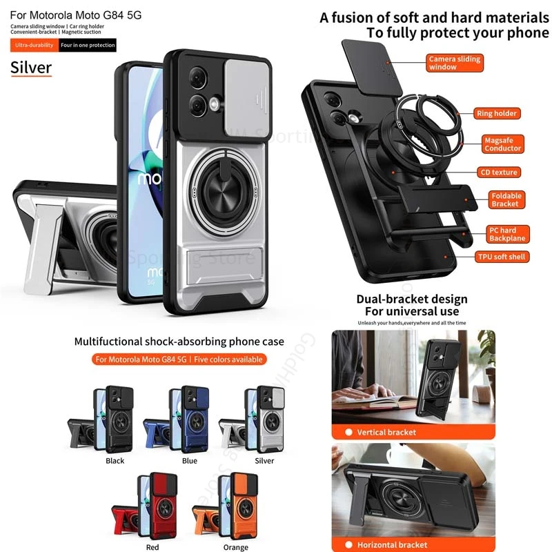 

Magnetic Ring Stand Shockproof Case For Motorola Edge 70 60 Pro 50 Neo 5G Slide Camera Cover For Moto G84 G56 G34 G53 G13 G23 4G