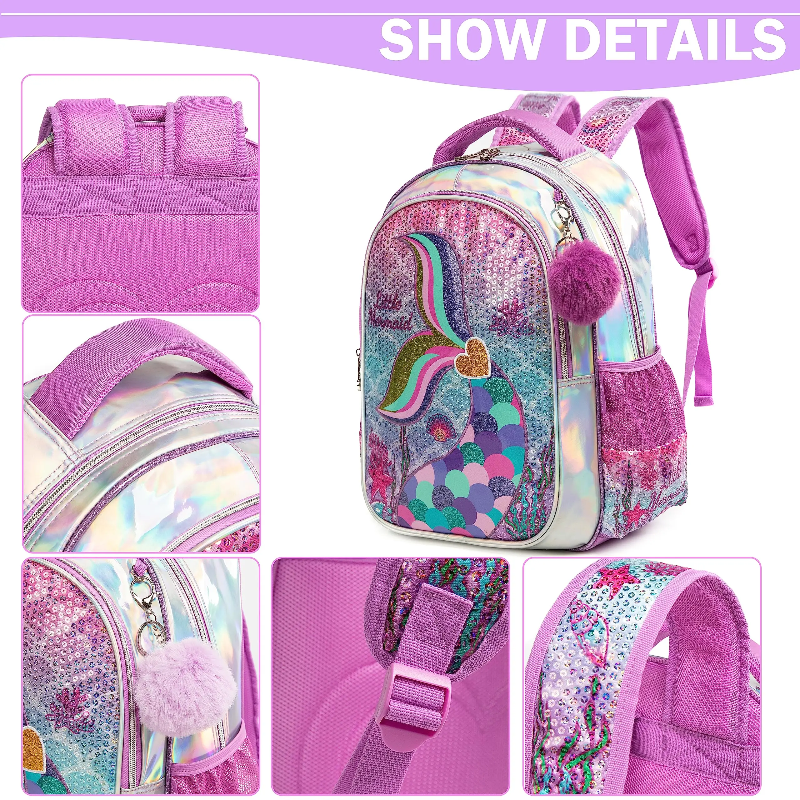 BIKAB  School Backpack Backpack for Girls Rainbow and Star School Bag with Lunch Box Set for Kindergarten Glitter Bags for Girls