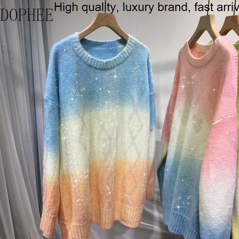 Drilling Blingbling Hot Women Sweaters Thicken Twist Loose Knitted Pullover Top Mid-long Gradient Casual Female Jumpers