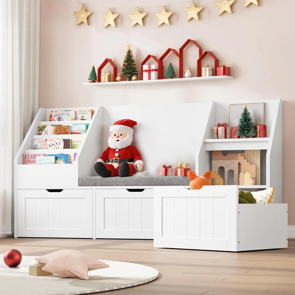 55.1’’ Kids Bookshelf with Reading Nook, Toy Storage Organizer with Seat Cushion and 3 Movable Drawers, Kids Reading Nook image 2