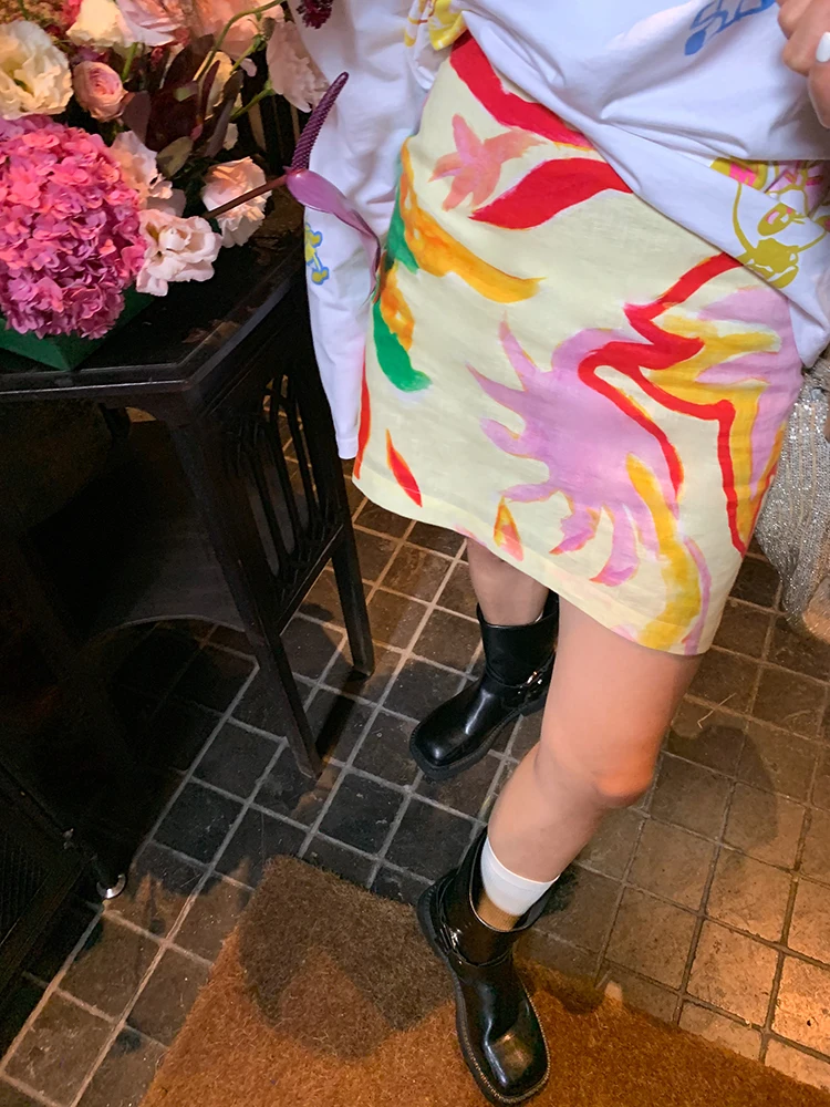 

Spring Summer A-Line Skirt Design Sensation Small Audience Short Skirt Women's Commute Korean Style Printed Cotton Linen...