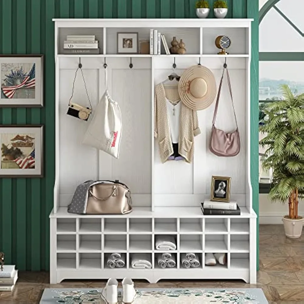 Coat Rack, Modern Style Multiple Function Hallway Coat Rack W/Metal Black Hook, Entryway Wide Hall Tree W/Ample Storage Space