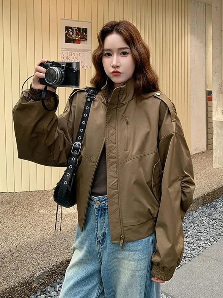 Streetwear Moto Cargo Jacket Women Vintage American Harajuku Long Sleeve Spring Coat Casual Stand Collar Retro Biker Bf Outwear
