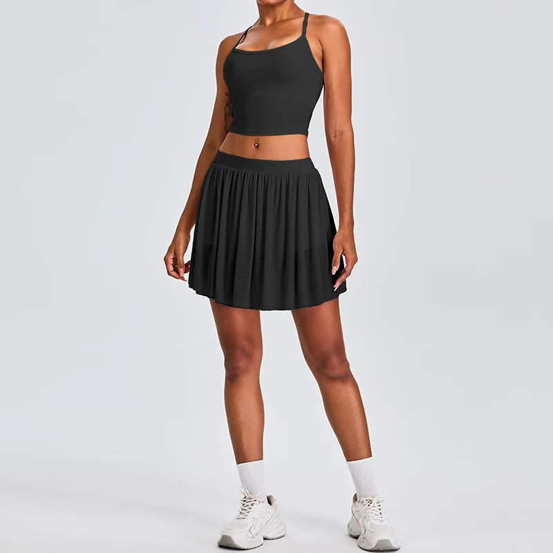 Abbigliamento sportivo da 2 pezzi Gonna corta sportiva per il tempo libero Set da yoga Gonna da tennis a pieghe in rete foderata con cintura da donna Tuta da fitness push up da corsa
