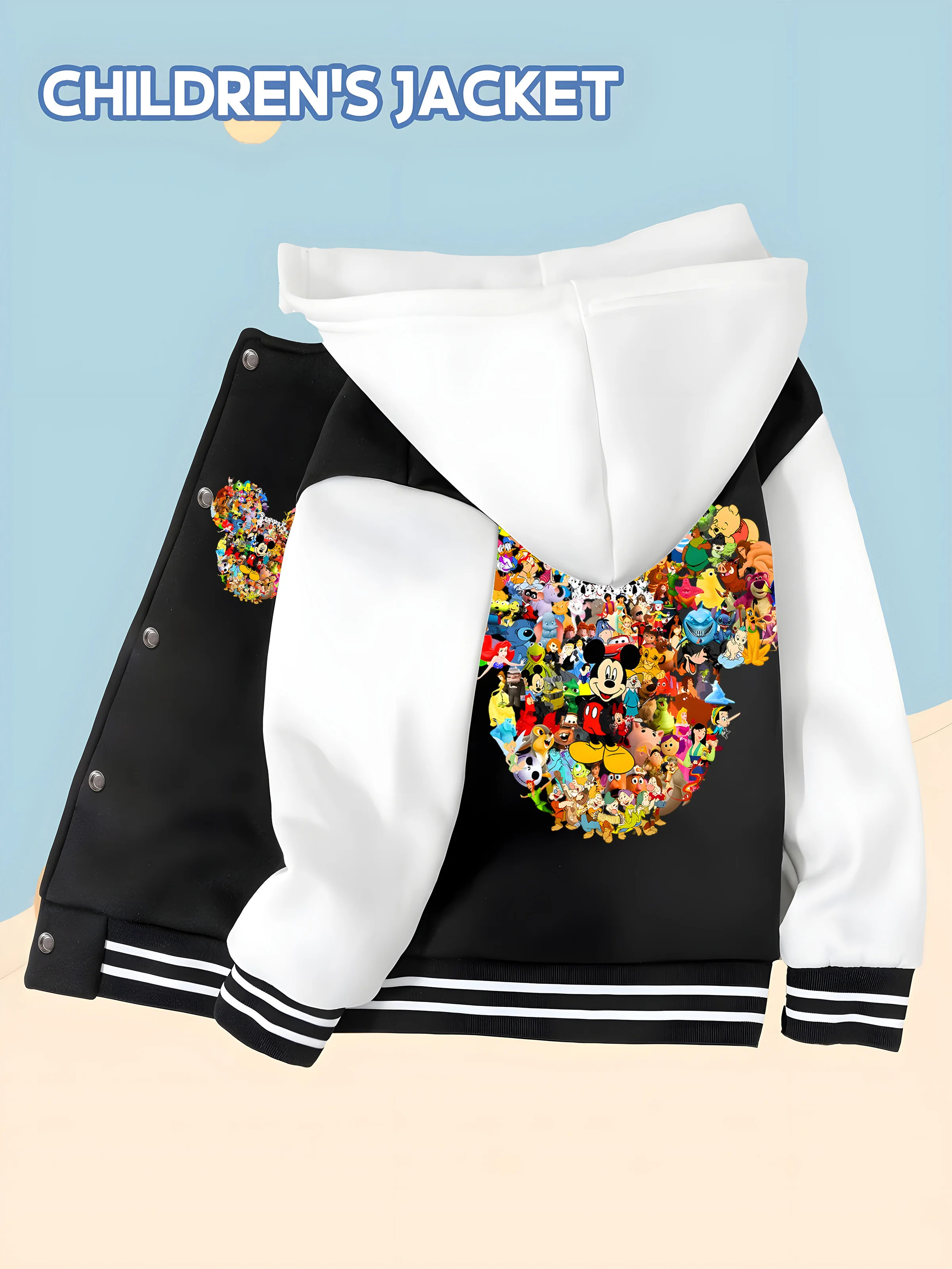 

MINISO Disney Boys Baseball Jacket - Stitch Fries Fun Print, Cute and Adorable, Perfect for Everyday School, Soft Fabric