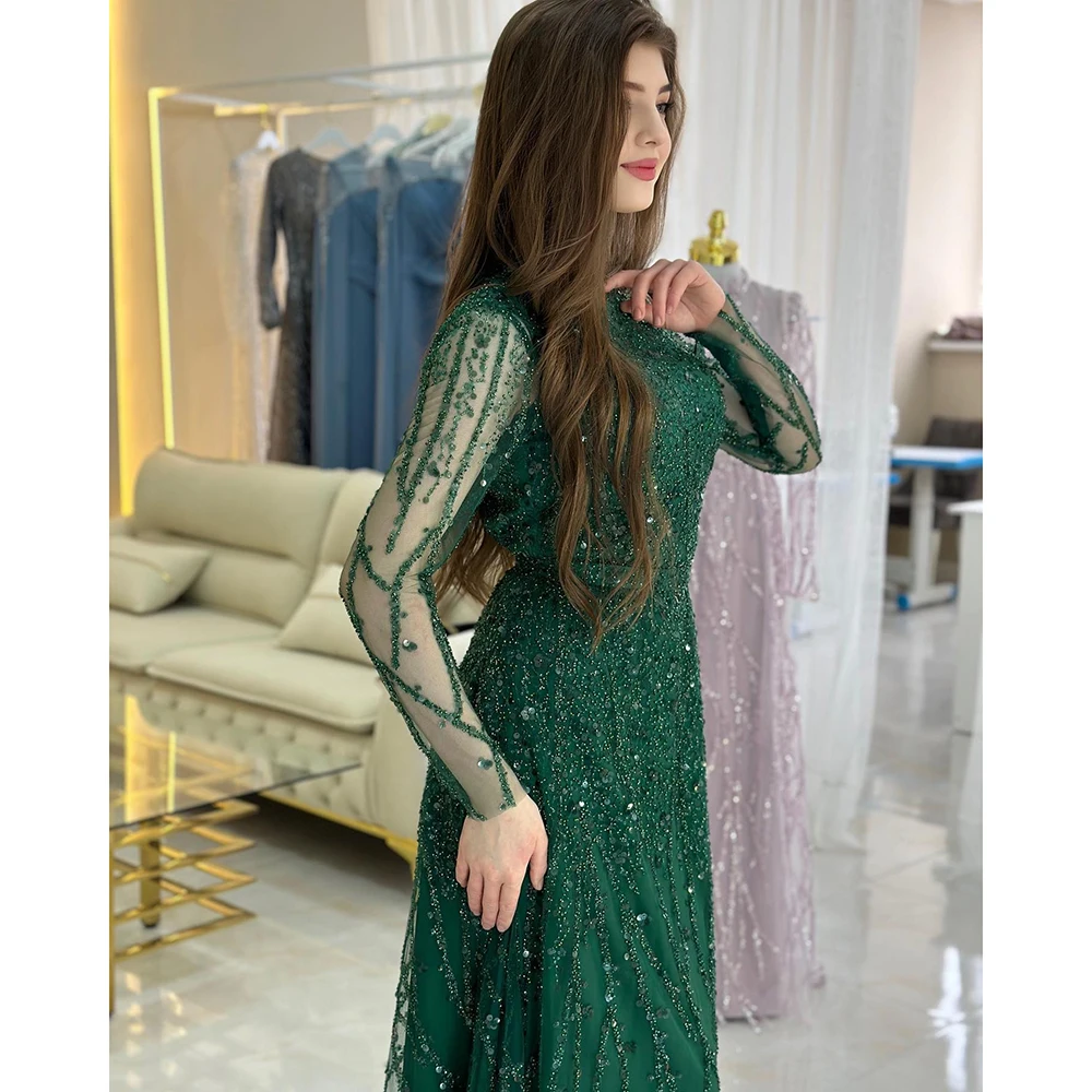 Elegant Muslim Beads Sequin Evening Dress for Women 2024 High Neck Long Sleeevs Aline Formal Prom Wedding Party Gowns Customized