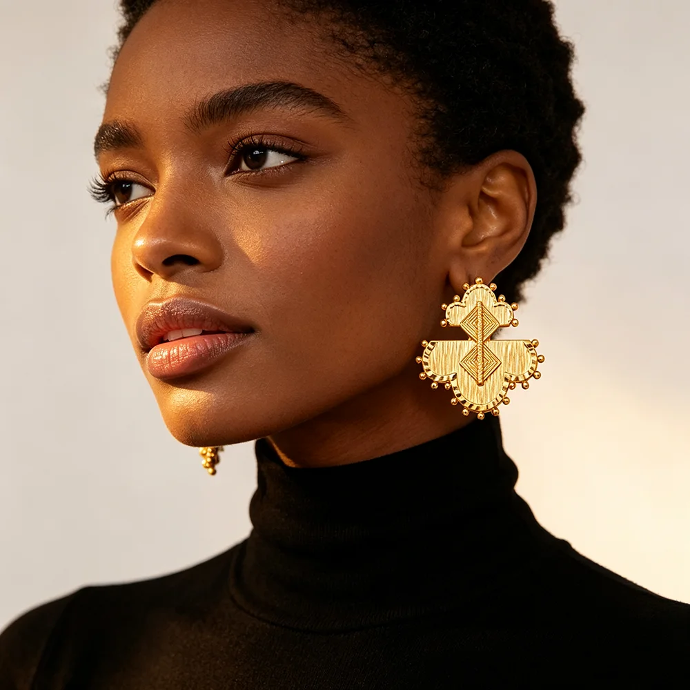 18K Gold Plated Tribal Cross‑Shape Hammered Statement Earrings & Ring Set For Women Luxury Wedding Bridal Party Accessories Gift