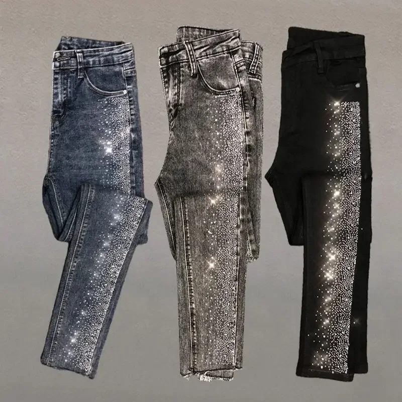 

Luxury Chic Shiny Diamond Jeans Skinny Women Spring Summer Pants High Waist Elastic Pencil Pants Office Lady Black Blue Jeans