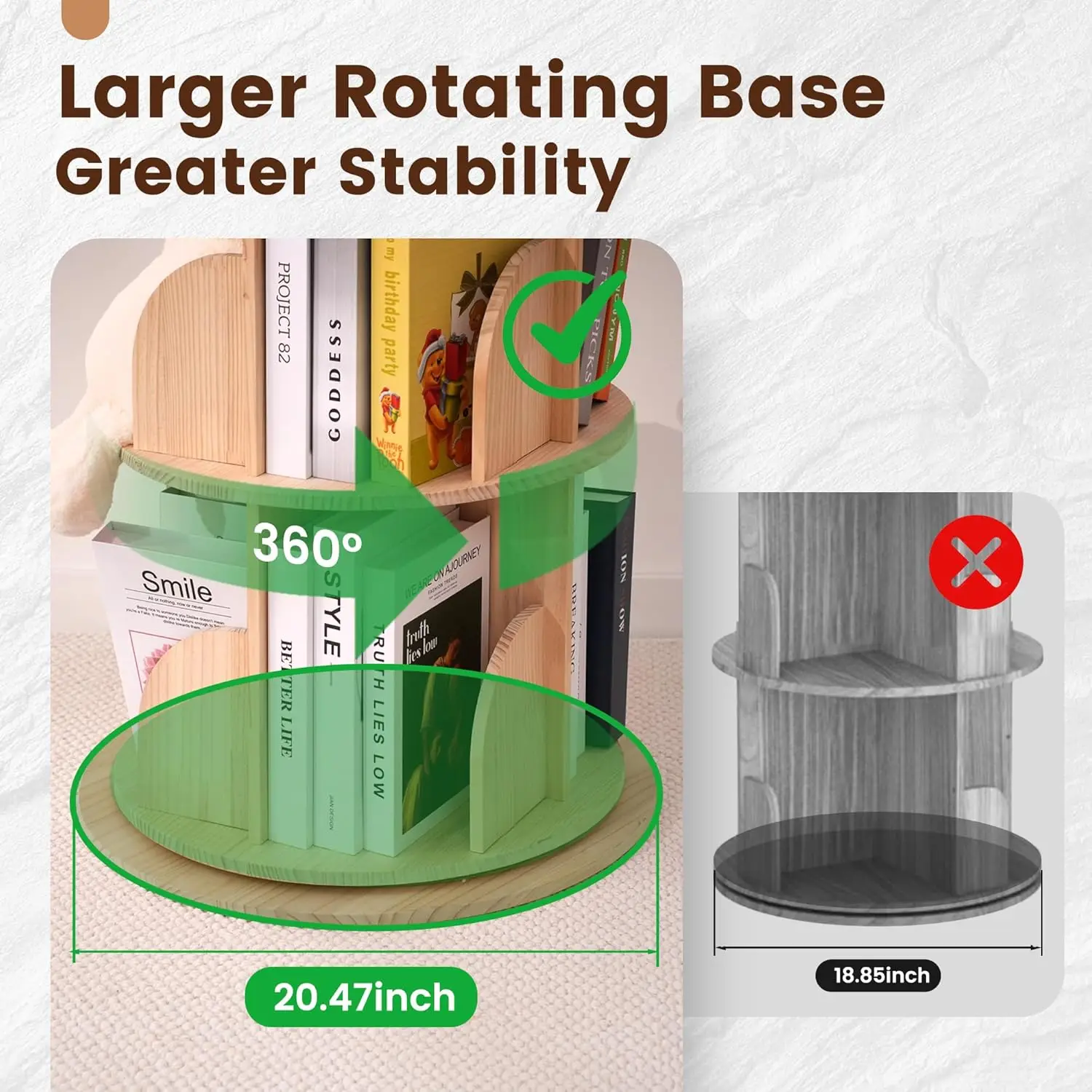 رف كتب دوار 5 طبقات، 360 درجة °   خزانة كتب أرضية، منظم من الخشب الصلب لغرفة الأطفال، غرفة المعيشة، غرفة النوم