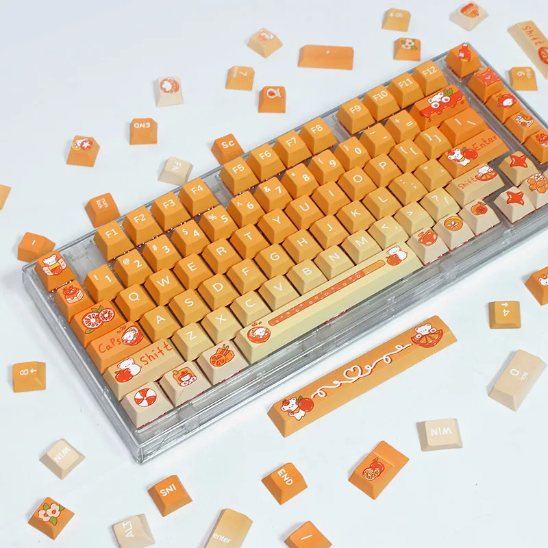 Orange Bear Theme Keycaps 132 Key Cherry Profile Pbt Heat Sublimation Cute Orange Gradient Infused Mechanical Keyboard Keycaps